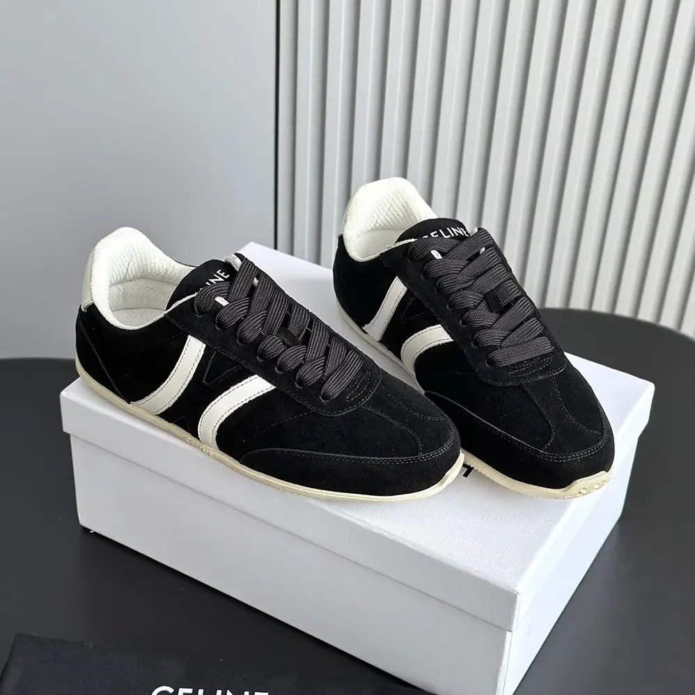 Celine Jogger Low Lace up Sneaker with Triomphe in Suede Calfskin for Unisex in Black