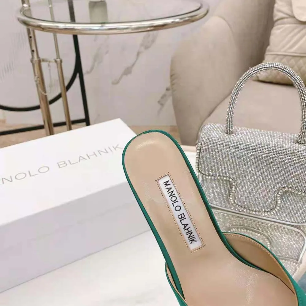 Manolo Blahnik Green Satin Jewel Buckle Mules for Women Manolo Blahnik Green Satin Jewel Buckle Mules for Women