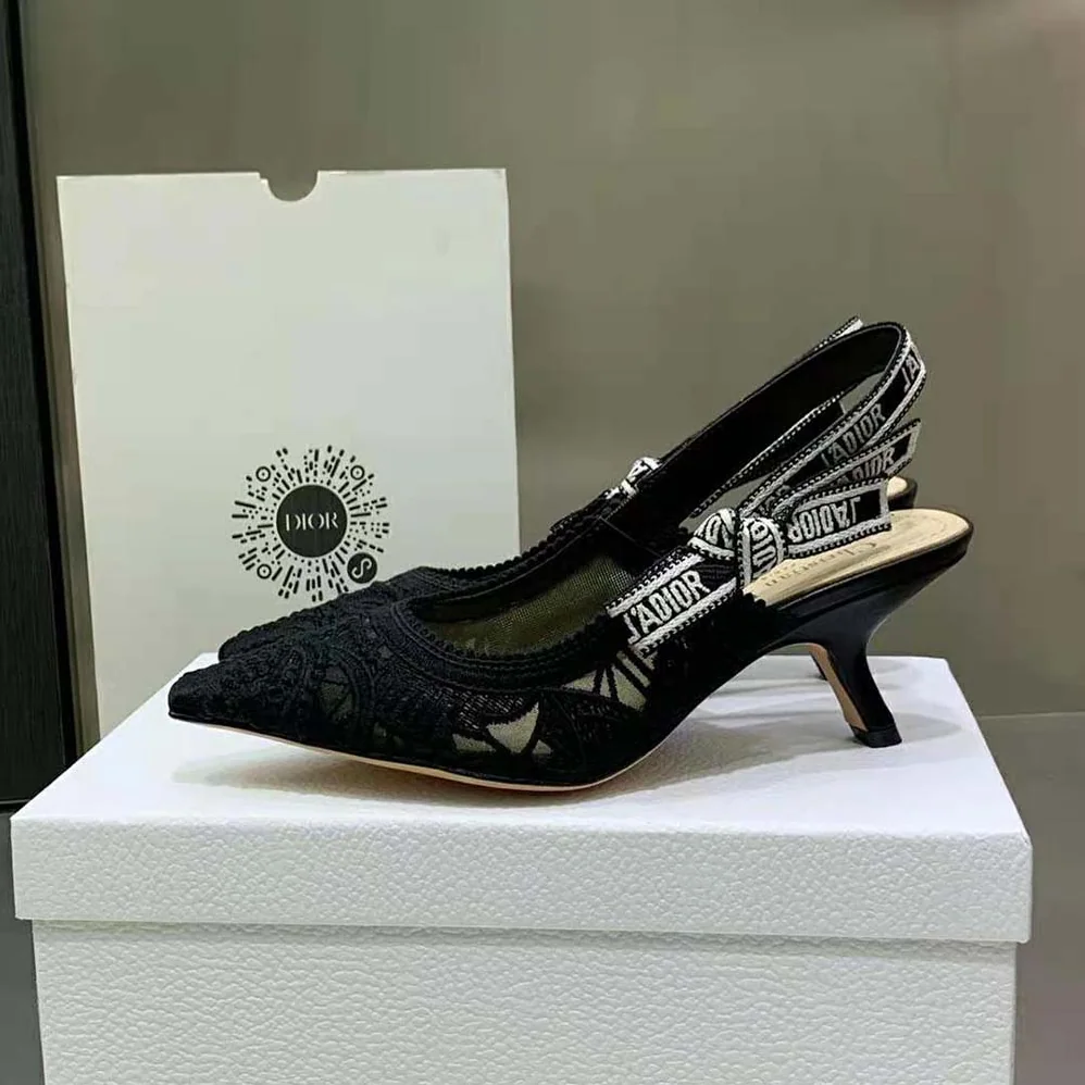 Dior J Sdior Slingback Pump Black Macramé Embroidered Cotton for Women Dior J Sdior Slingback Pump Black Macramé Embroidered Cotton for Women