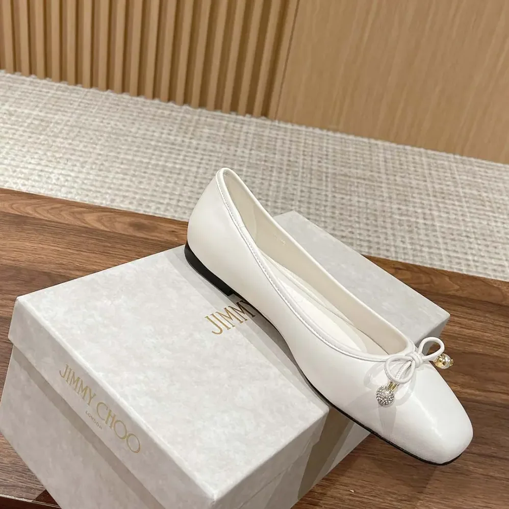 Jimmy Choo Elme Flat Latte Nappa Leather Flats with Pearl Embellishment for Women Jimmy Choo Elme Flat Latte Nappa Leather Flats with Pearl Embellishment for Women