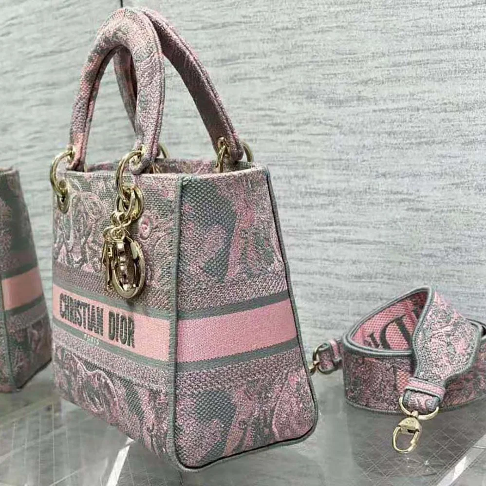 Dior Medium Lady D-lite Bag Gray and Pink Toile de Jouy Reverse Embroidery for Women Dior Medium Lady D-lite Bag Gray and Pink Toile de Jouy Reverse Embroidery for Women