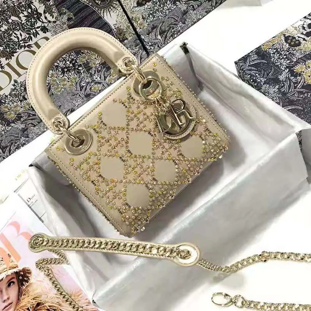 Dior Mini Lady Dior Bag Metallic Cannage Calfskin with Platinum Beaded Embroidery for Women