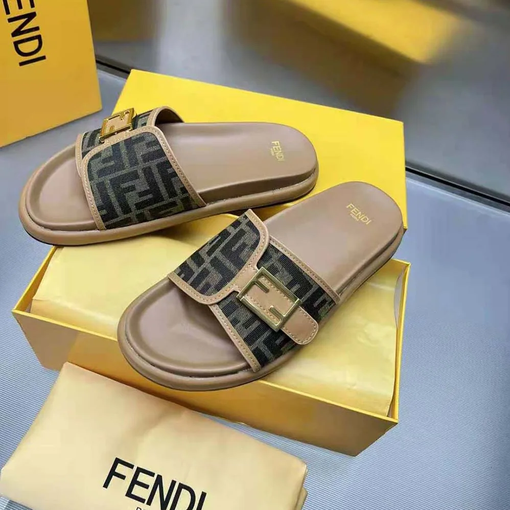 Fendi Feel Brown Fabric Slides for Women