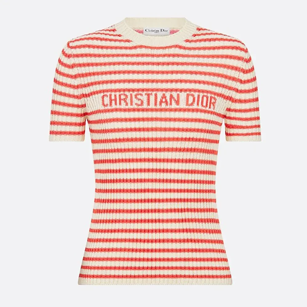 Dior Dioriviera Short-Sleeved Sweater White and Candy Pink Cotton Ribbed Knit for Women Dior Dioriviera Short-Sleeved Sweater White and Candy Pink Cotton Ribbed Knit for Women