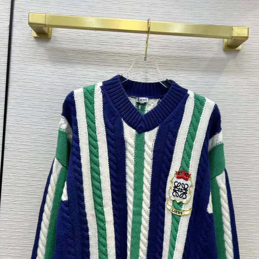 Loewe Stripe V-neck Sweater in Wool for Women in Green