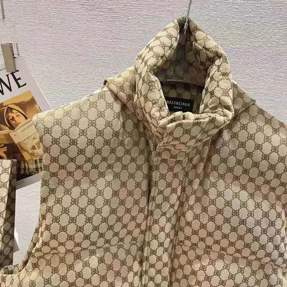 Balenciaga Hacker Cocoon Puffer Gilet in Brown Canvas Jacquard for Men