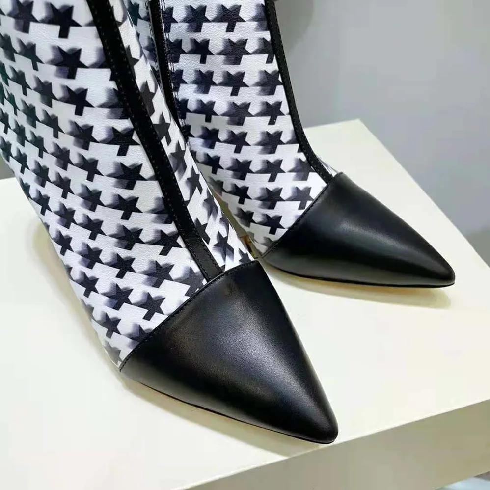 Jimmy Choo Kix/Z 65 Black Nappa and Latte and Black Star Houndstooth Printed Wool Ankle Boots for Women Jimmy Choo Kix/Z 65 Black Nappa and Latte and Black Star Houndstooth Printed Wool Ankle Boots for Women