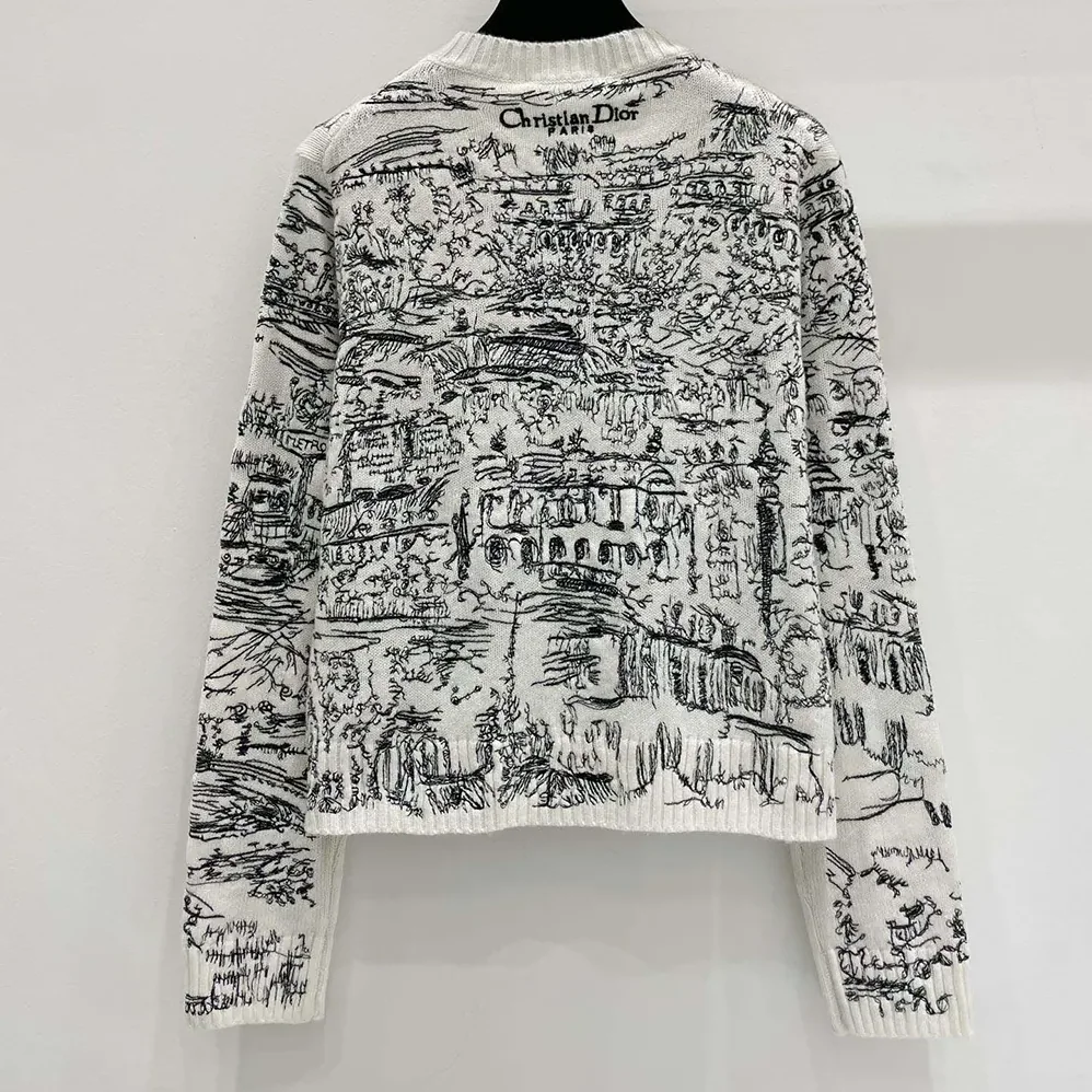 Dior Embroidered Sweater White and Black Cashmere Knit with Paris Allover Motif for Women