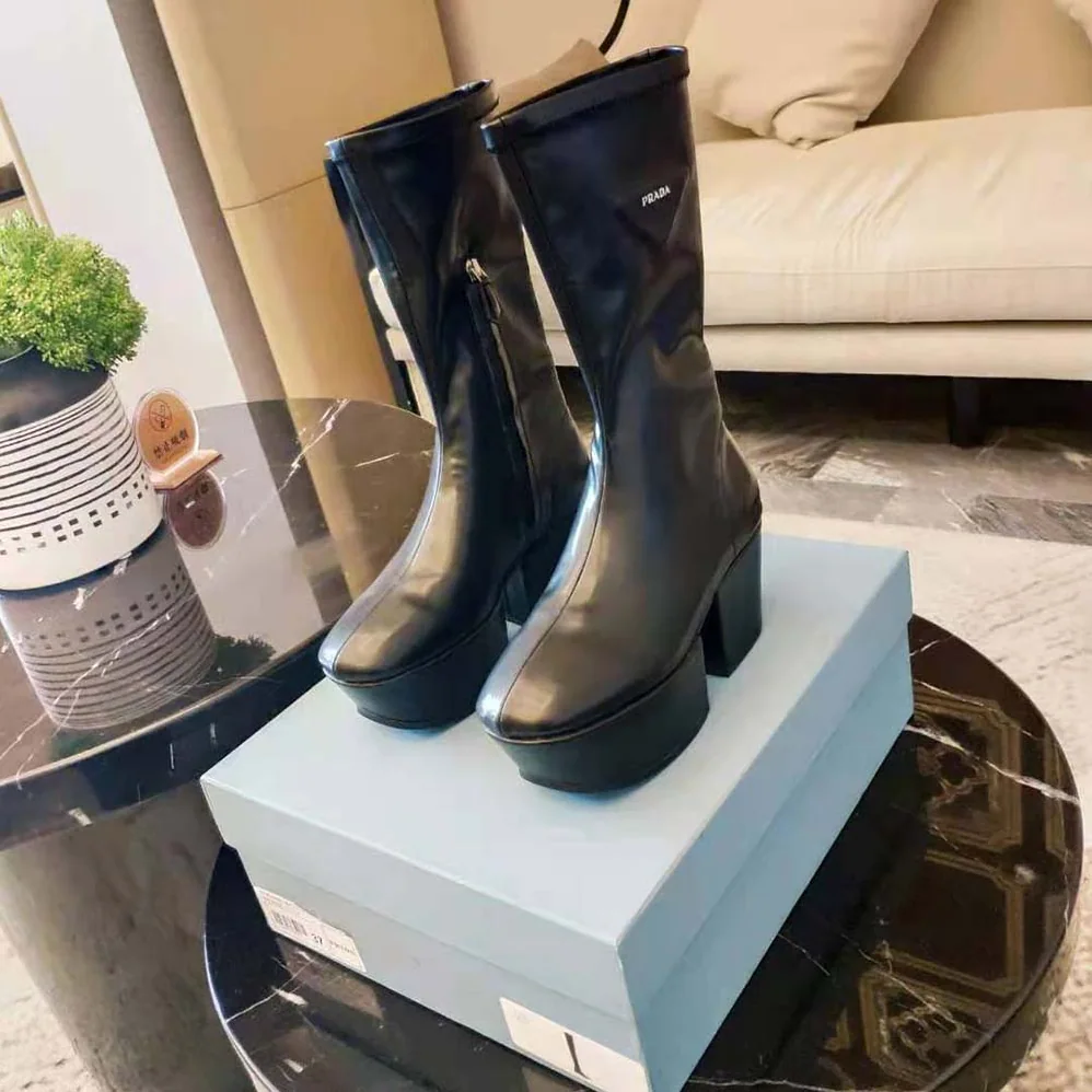 Prada Technical Nappa Leather Platform Boots for Women in Black Prada Technical Nappa Leather Platform Boots for Women in Black