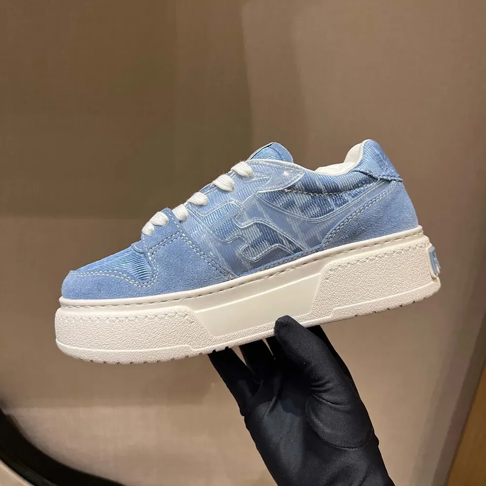 Fendi Match Denim-effect FF Jacquard and Light Blue Suede Platform Low Tops for Women