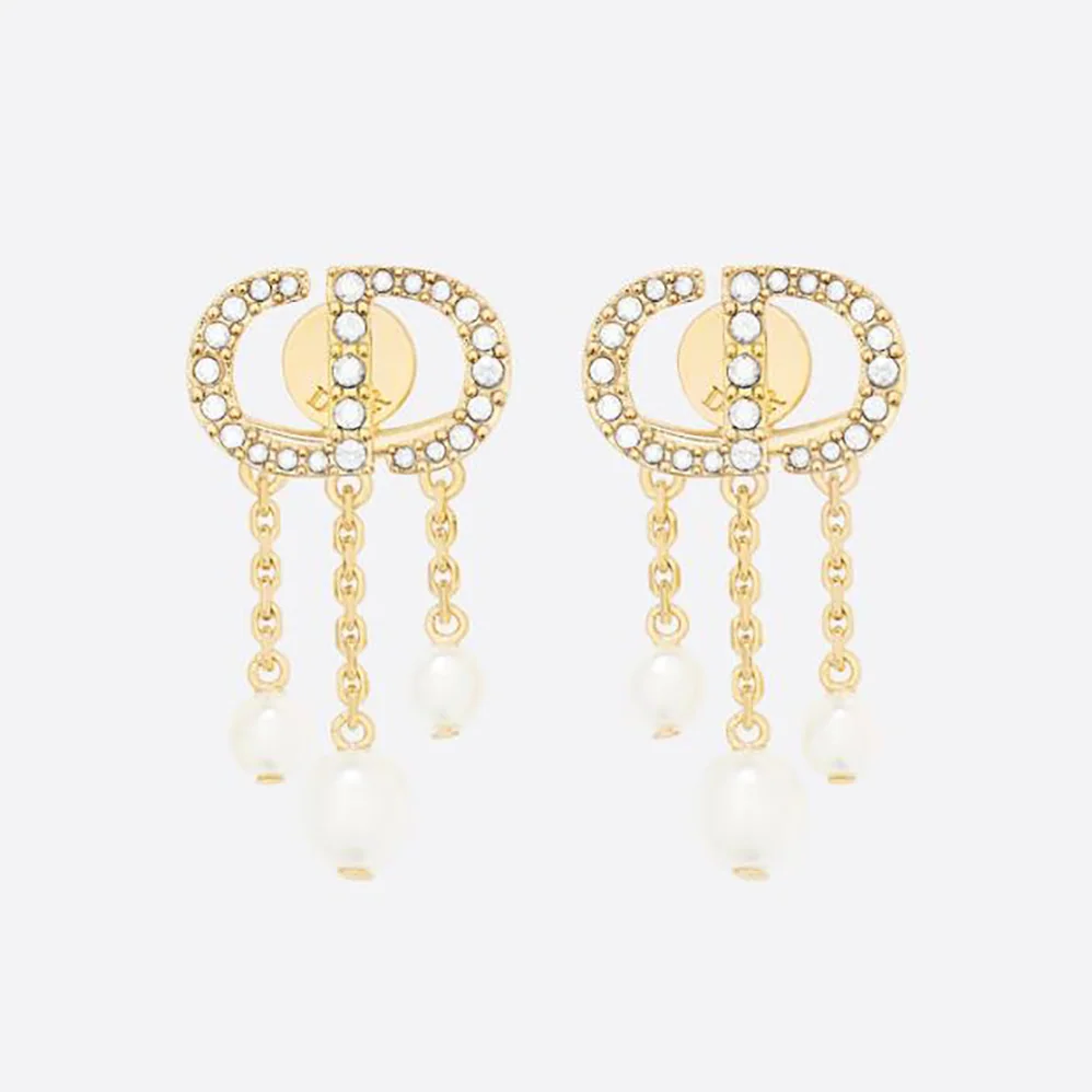 Dior Petit CD Earrings Gold-Finish Metal with White Resin Pearls and White Crystals for Women Dior Petit CD Earrings Gold-Finish Metal with White Resin Pearls and White Crystals for Women