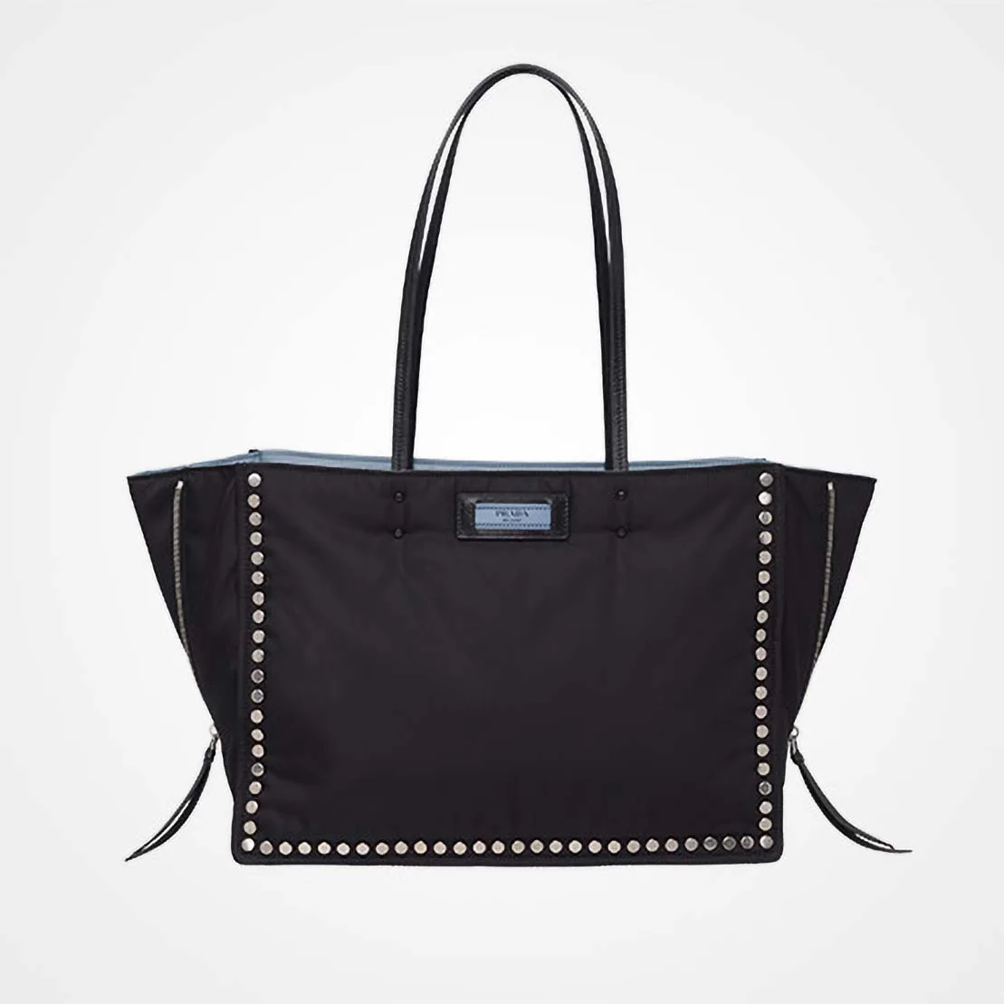 Prada Etiquette Fabric Tote with Metal Stud Trim in Black