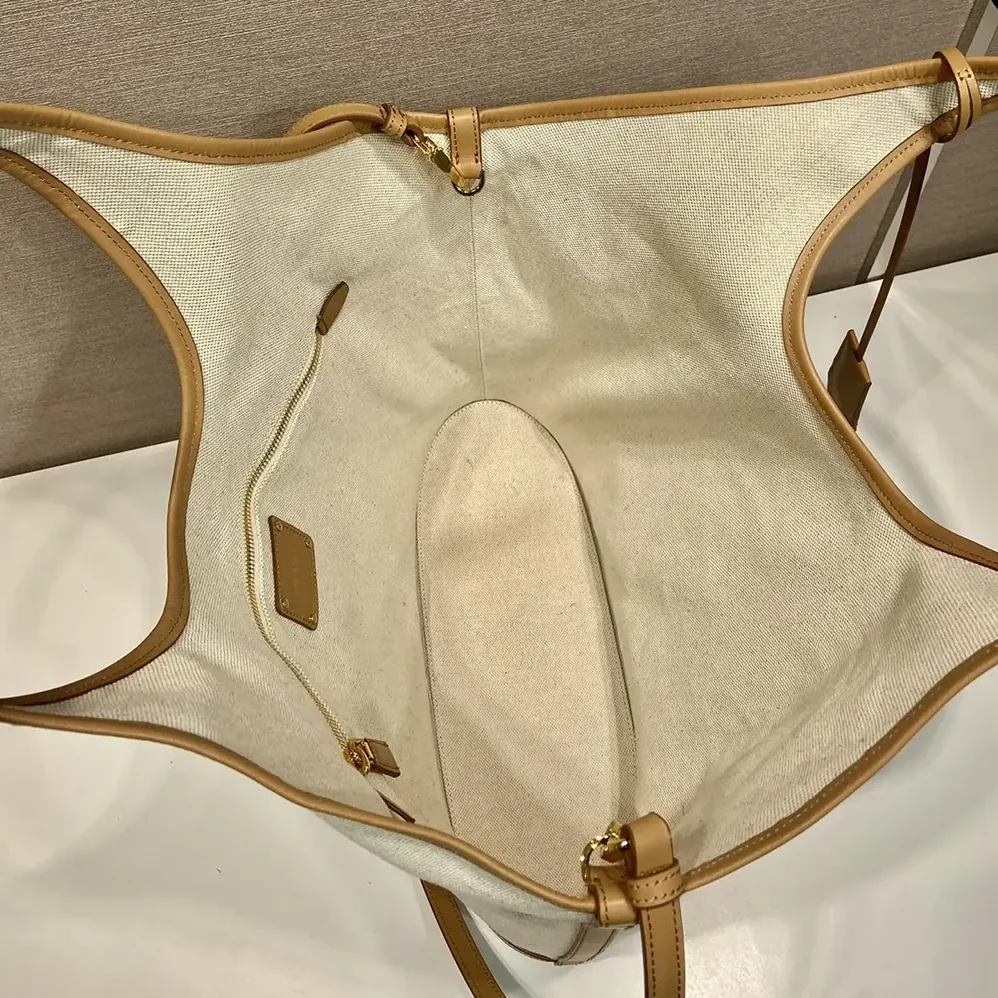 Prada Large Linen Blend and Leather Tote Bag for Women