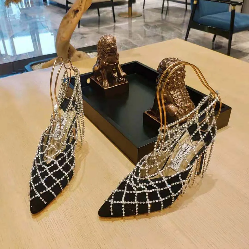 Jimmy Choo Scotty 110 Black Suede Mules with Crystal Chains for Women