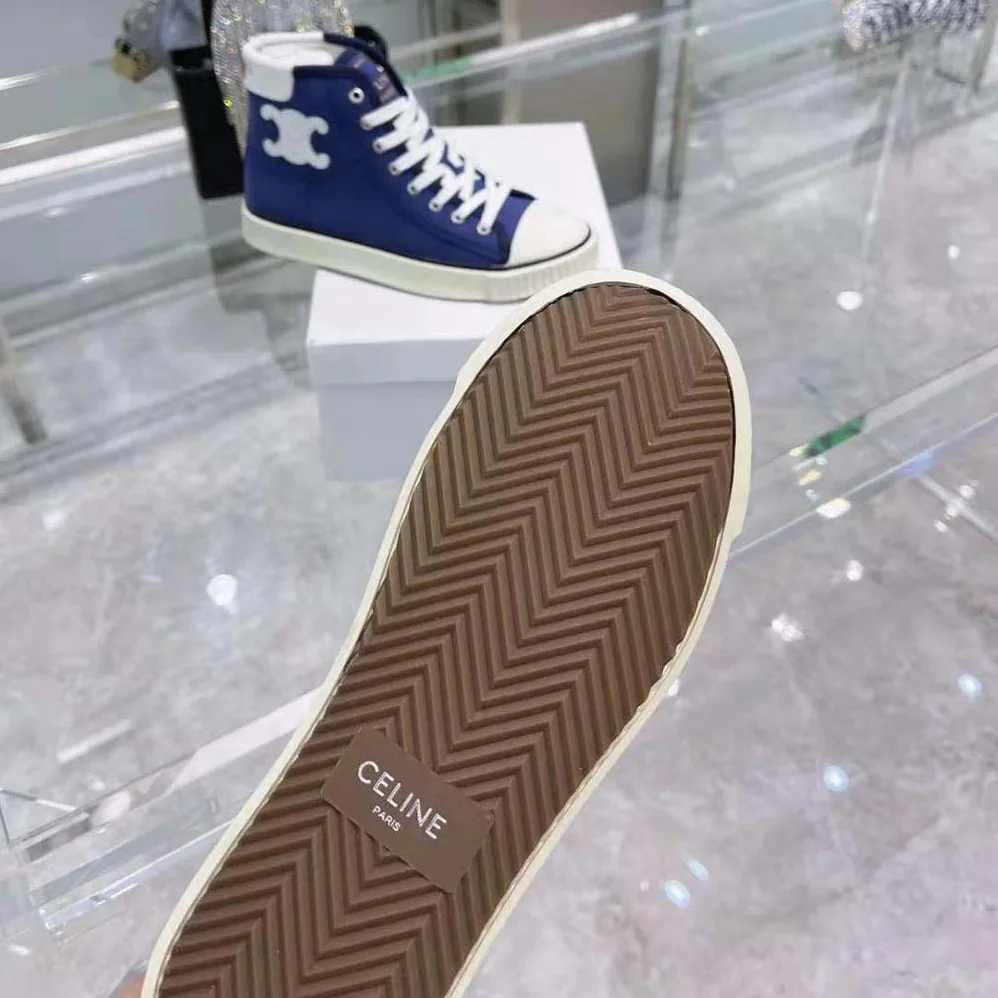 Celine Blank Mid Lace up Sneaker with Toe Cap in Canvas and Calfskin for Women Celine Blank Mid Lace up Sneaker with Toe Cap in Canvas and Calfskin for Women