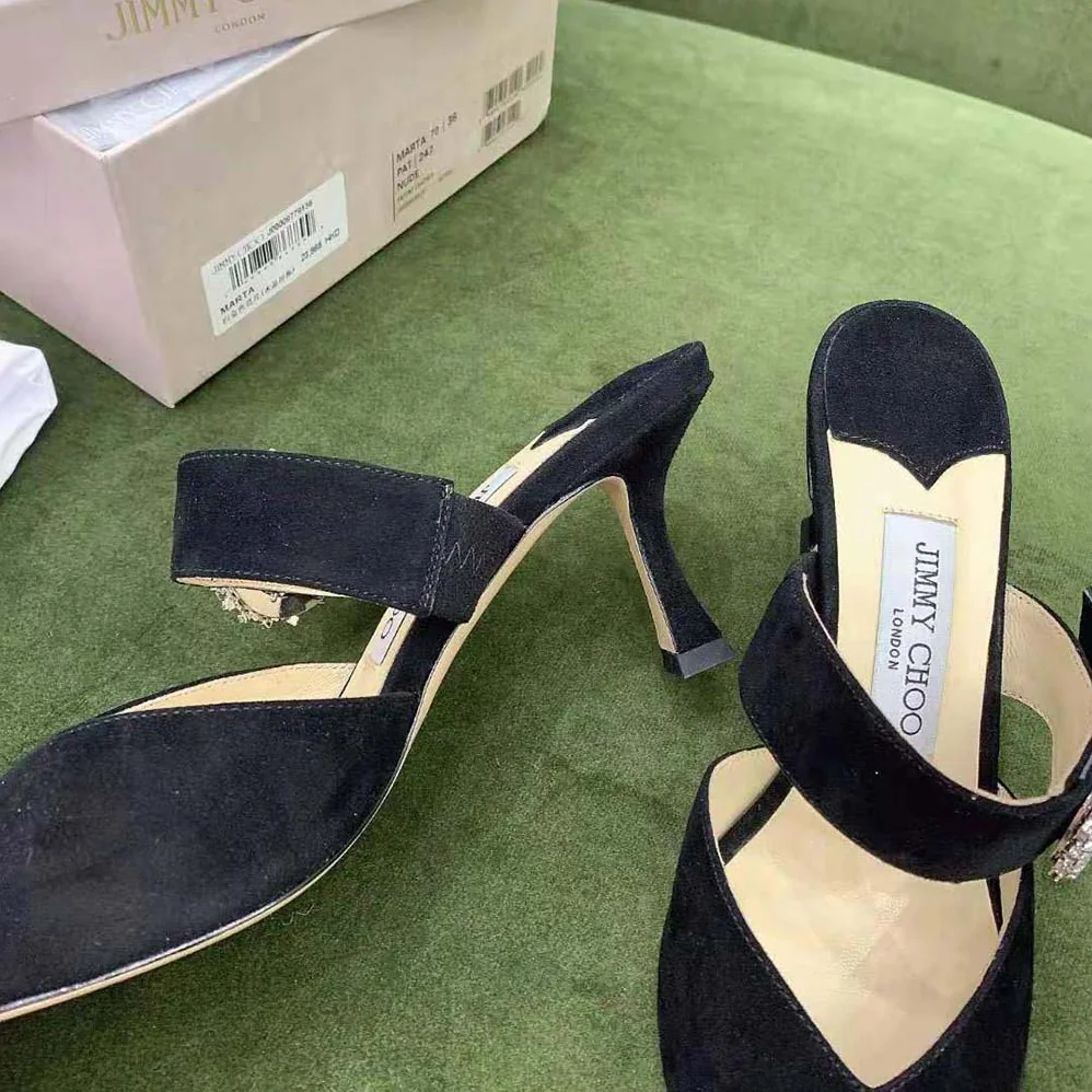 Jimmy Choo Marta 70 Black Suede Mules with Crystal Buckle for Women Jimmy Choo Marta 70 Black Suede Mules with Crystal Buckle for Women