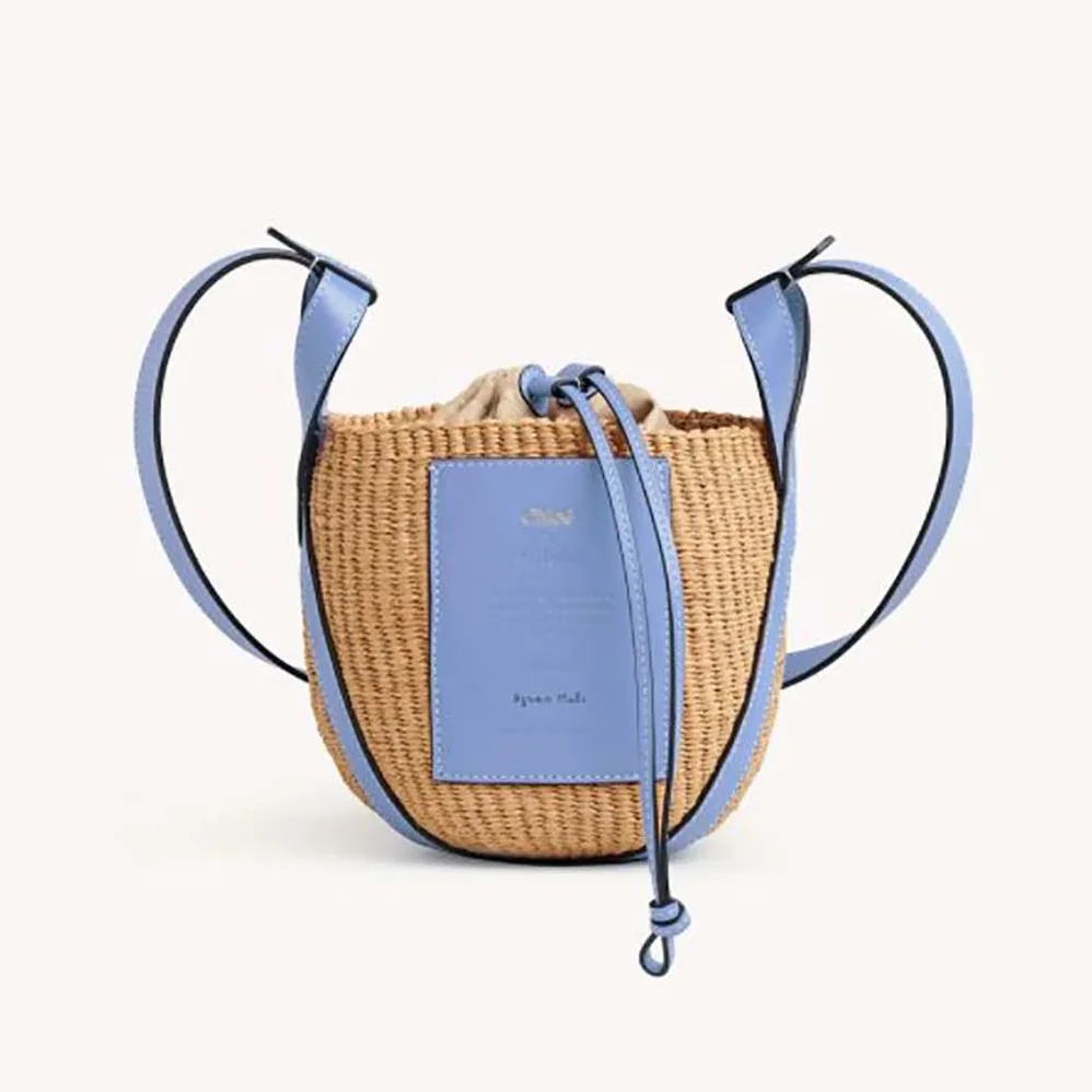 Chloe Small Basket in Fair-Trade Paper and Shiny Calfskin for Women in Blue Chloe Small Basket in Fair-Trade Paper and Shiny Calfskin for Women in Blue