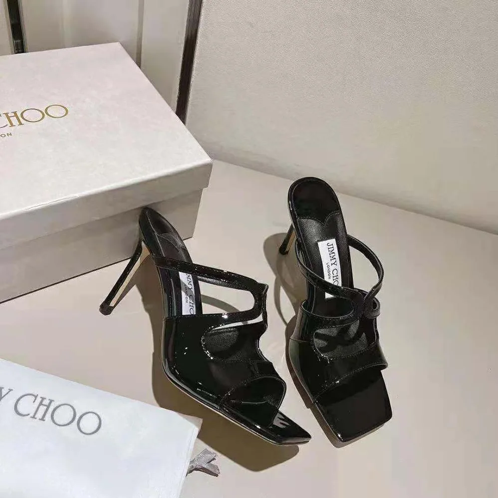 Jimmy Choo Anise 95 Black Patent Leather Mules for Women in Black Jimmy Choo Anise 95 Black Patent Leather Mules for Women in Black