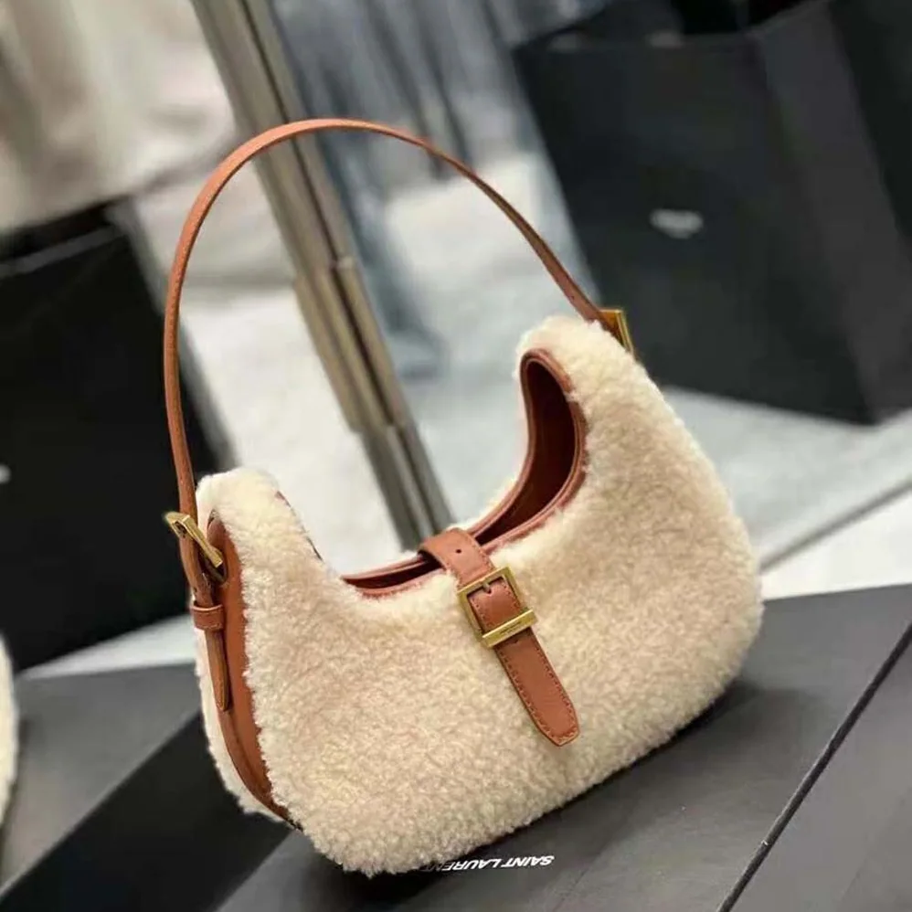 Saint Laurent YSL Le Fermoir Hobo Bag in Merino Shearling for Women Saint Laurent YSL Le Fermoir Hobo Bag in Merino Shearling for Women