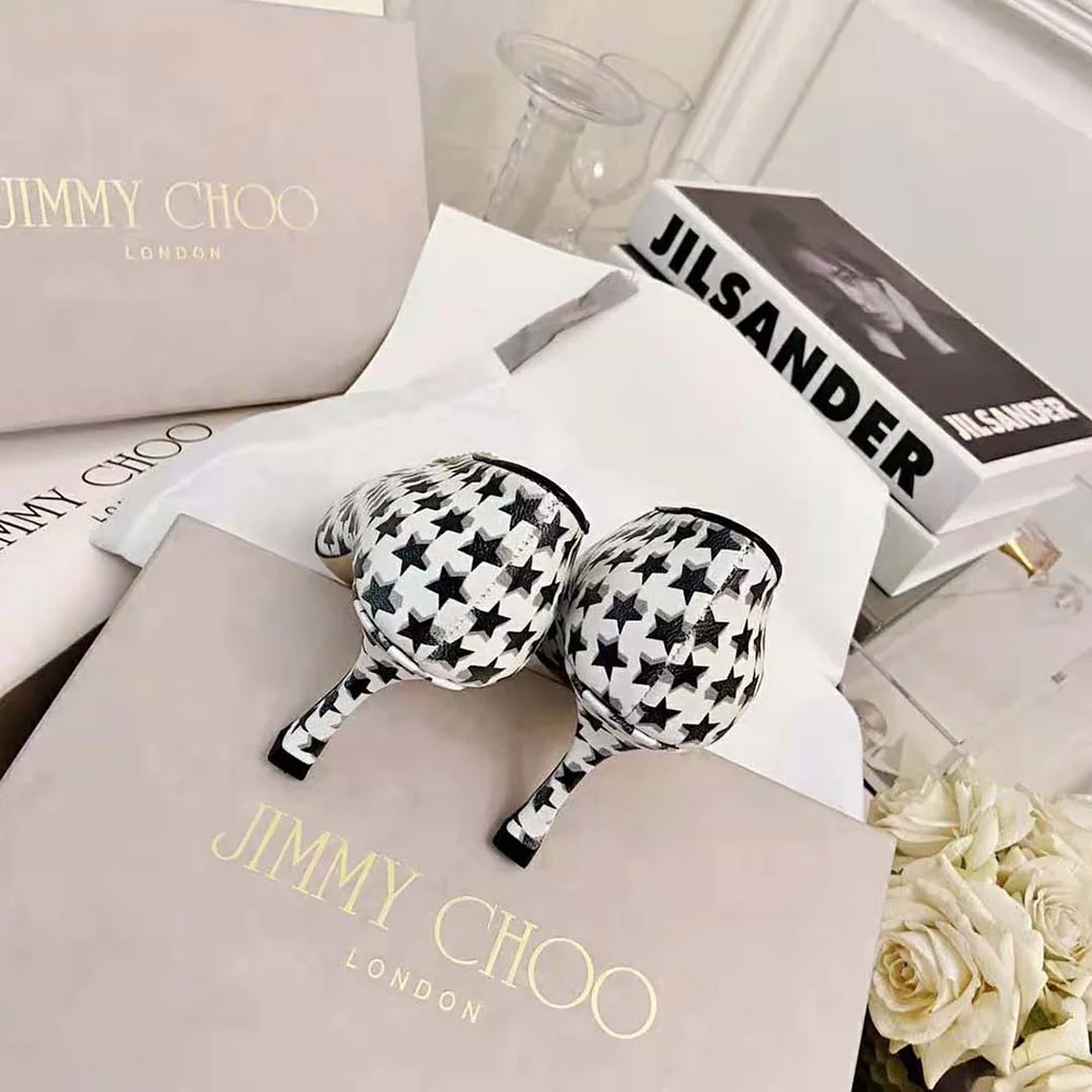 Jimmy Choo Nicole 90 Latte and Black Star Houndstooth Printed Wool Pumps for Women