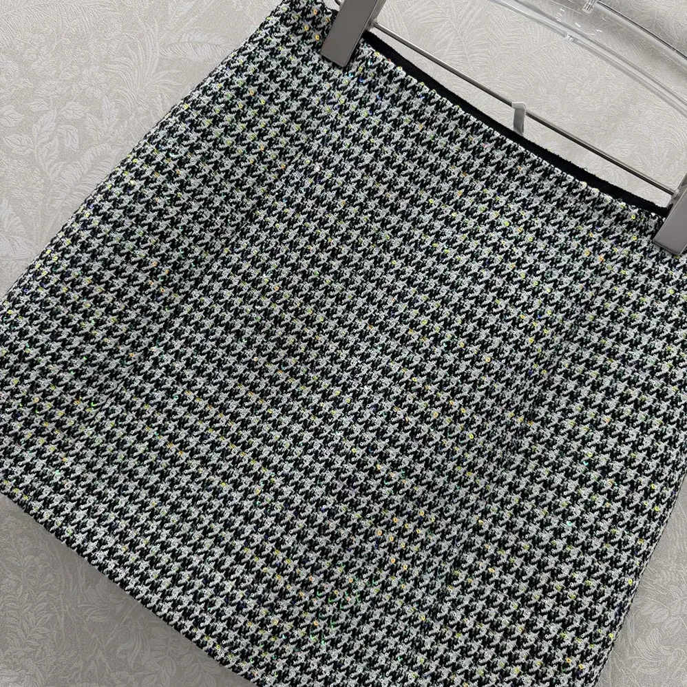 Dior Flared Miniskirt Black and White Houndstooth Virgin Wool Blend with Multicolor Sequins for Women