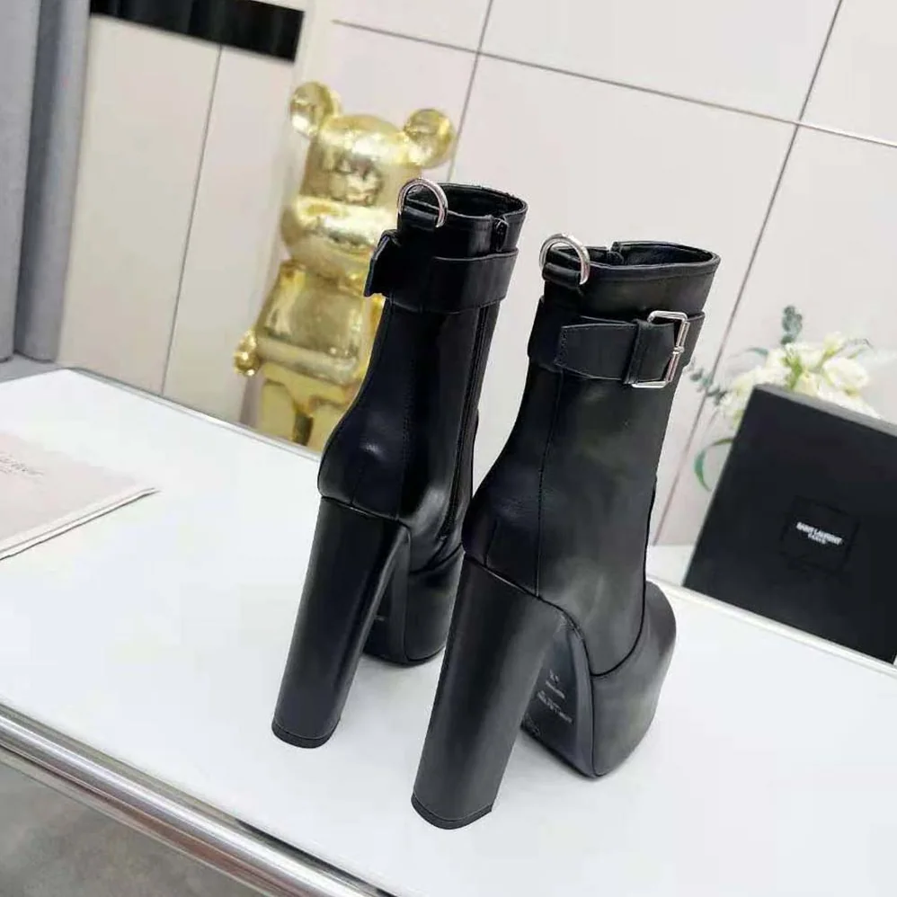 Saint Laurent YSL Cherry Buckle Platform Booties in Smooth Leather for Women