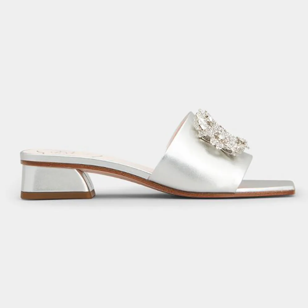 Roger Vivier RV Bouquet Strass Buckle Mules in Soft Leather for Women Roger Vivier RV Bouquet Strass Buckle Mules in Soft Leather for Women