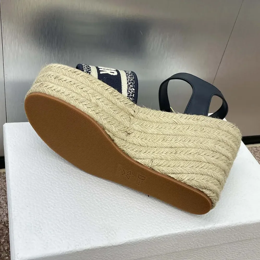 Dior Dway Wedge Sandal Deep Blue Calfskin and Embroidered Cotton for Women