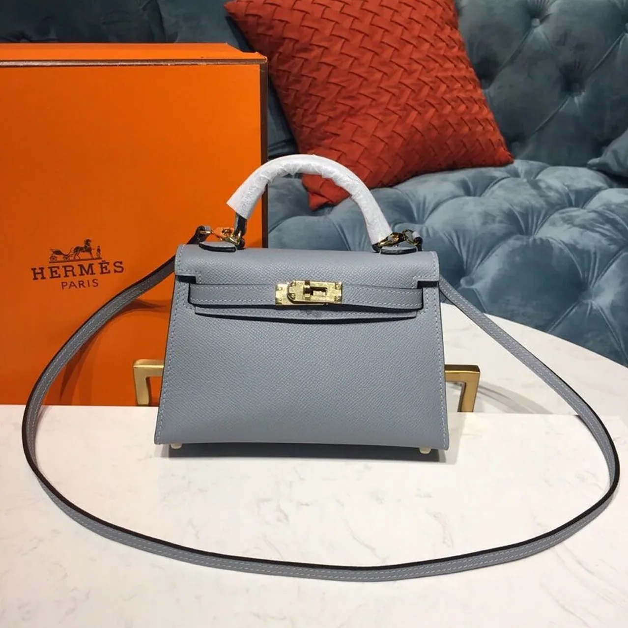 Hermes Kelly Mini Top Handle Bag in Bleu Glacier Gold Hardware
