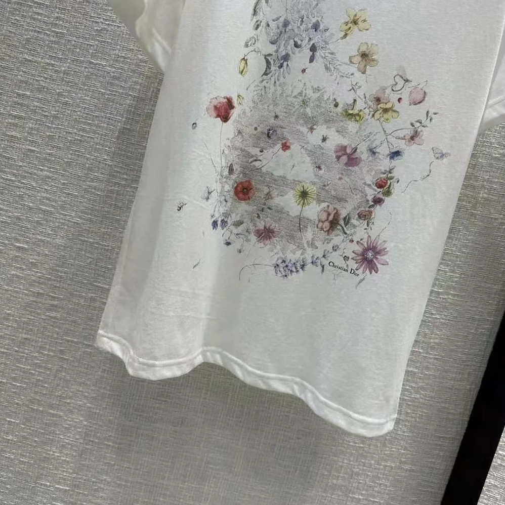 Dior T-shirt White Cotton and Linen Jersey with Red Multicolor Florilegio Motif for Women