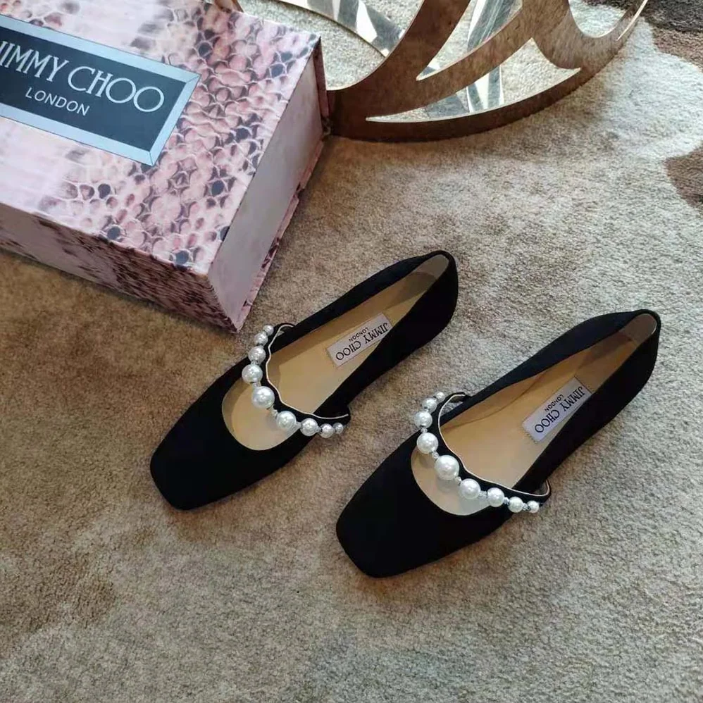 Jimmy Choo Ade Flat Ballet Black Suede Flats with Pearl Embellishment for Women