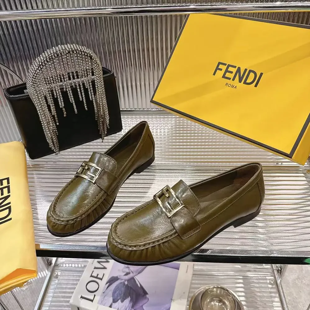 Fendi Baguette Green Nappa Leather Loafers for Women Fendi Baguette Green Nappa Leather Loafers for Women