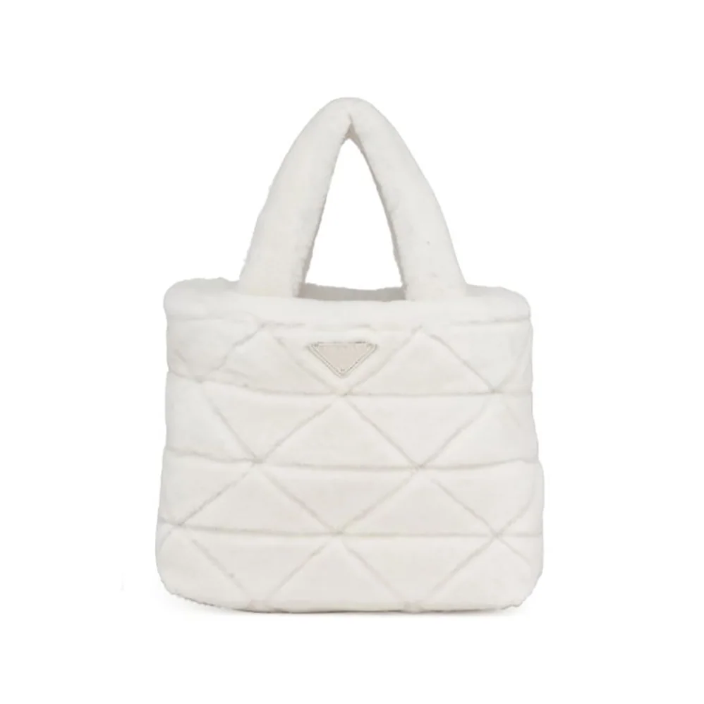 Prada Iconic Triangle Logo Soft Shearling Tote for Women in White Prada Iconic Triangle Logo Soft Shearling Tote for Women in White