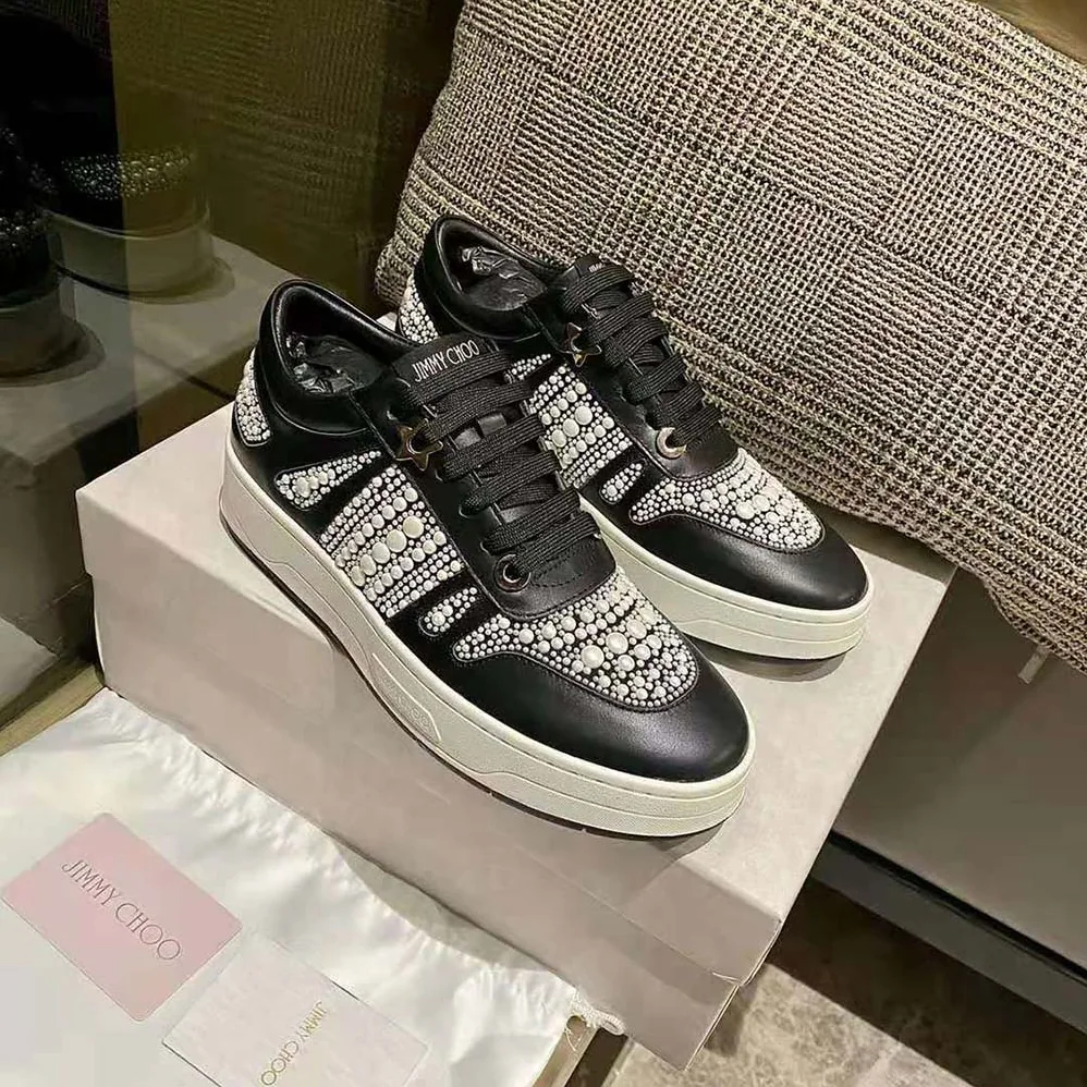 Jimmy Choo Hawaii/F Black Calf Leather and Canvas Low Top Trainers for Women