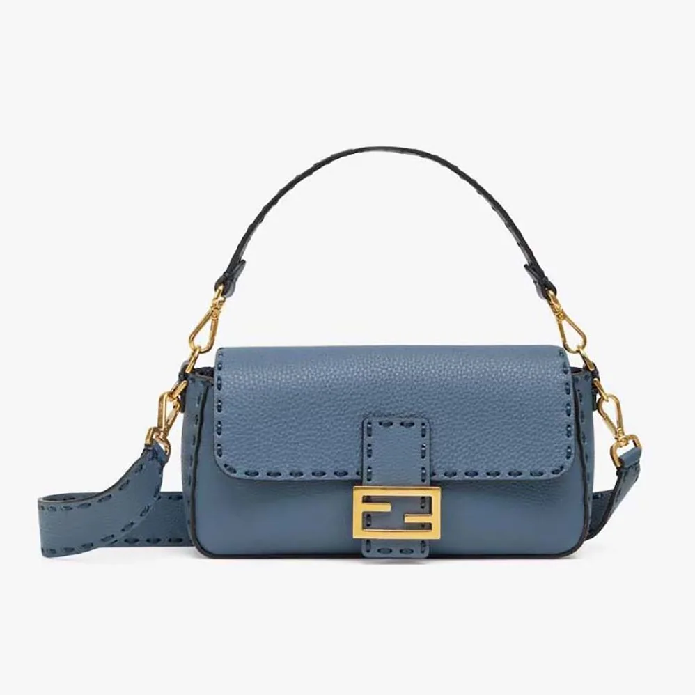 Fendi Baguette Blue Selleria Bag with Oversized Topstitching for Women