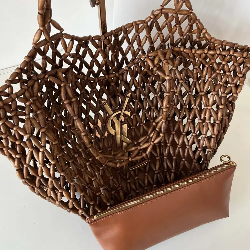 Saint Laurent YSL Icare Medium In Wood Beads Dark Brown for Women Saint Laurent YSL Icare Medium In Wood Beads Dark Brown for Women