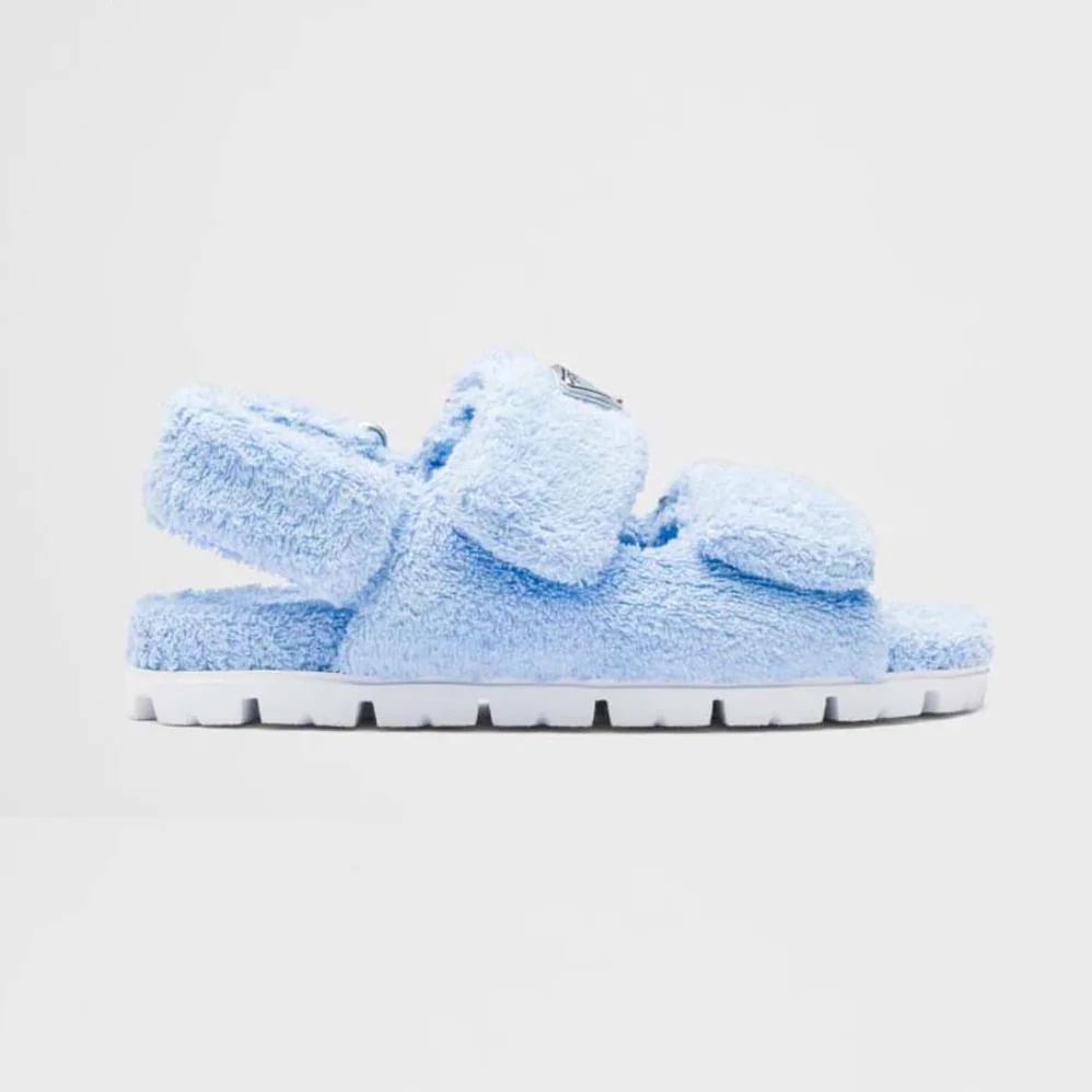 Prada Terrycloth Sandals with Enameled Metal Triangle Logo for Women in Blue