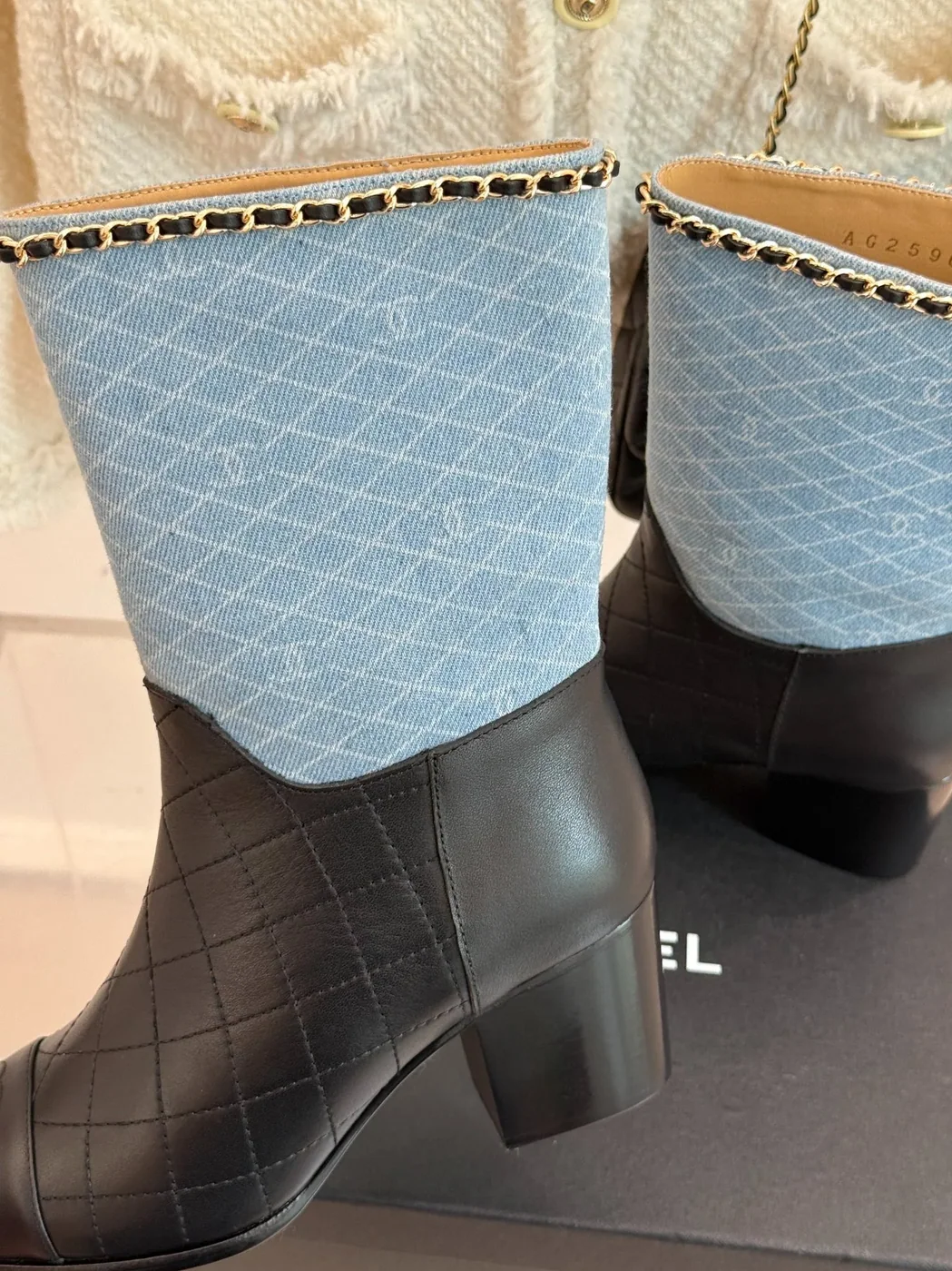 Chanel Double C Chunky Heel Boots With Chain Detail Light Blue Denim
