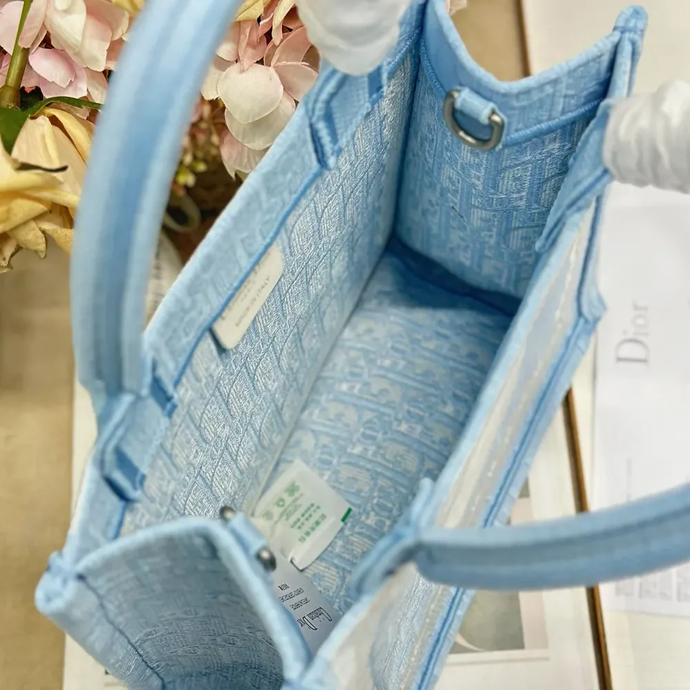 Dior Small Dior Book Tote with Strap Celestial Blue Dior Oblique Embroidery with White Lace and Dior Médaillon for Women Dior Small Dior Book Tote with Strap Celestial Blue Dior Oblique Embroidery with White Lace and Dior Médaillon for Women