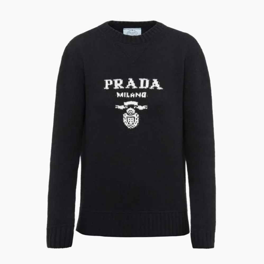 Prada Cashmere and Wool Prada Logo Crew-Neck Sweater for Women in Black Prada Cashmere and Wool Prada Logo Crew-Neck Sweater for Women in Black