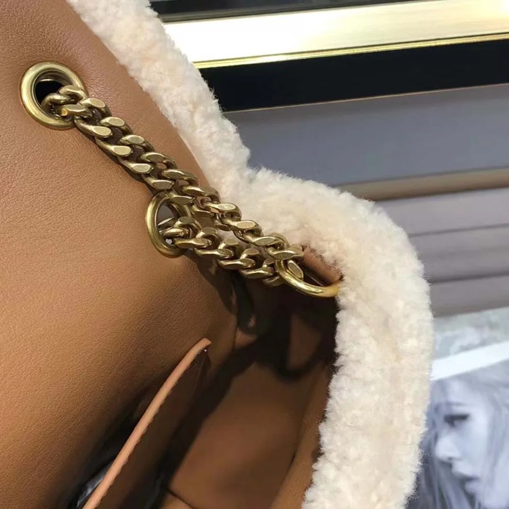Saint Laurent YSL Niki Medium Chain Bag in Crinkled Leather and Shearling for Women in Brown