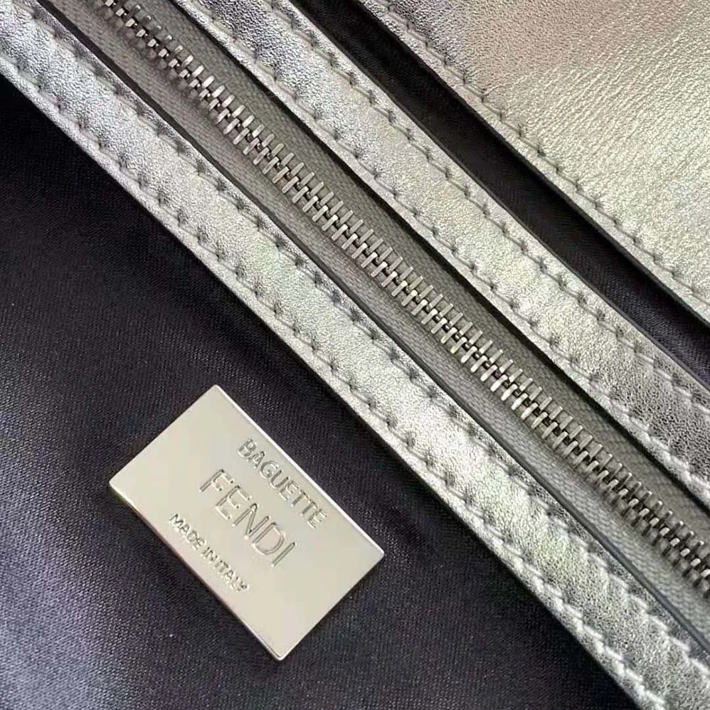 Fendi Baguette Silver Leather Bag with Crystal FF Motif for Women Fendi Baguette Silver Leather Bag with Crystal FF Motif for Women