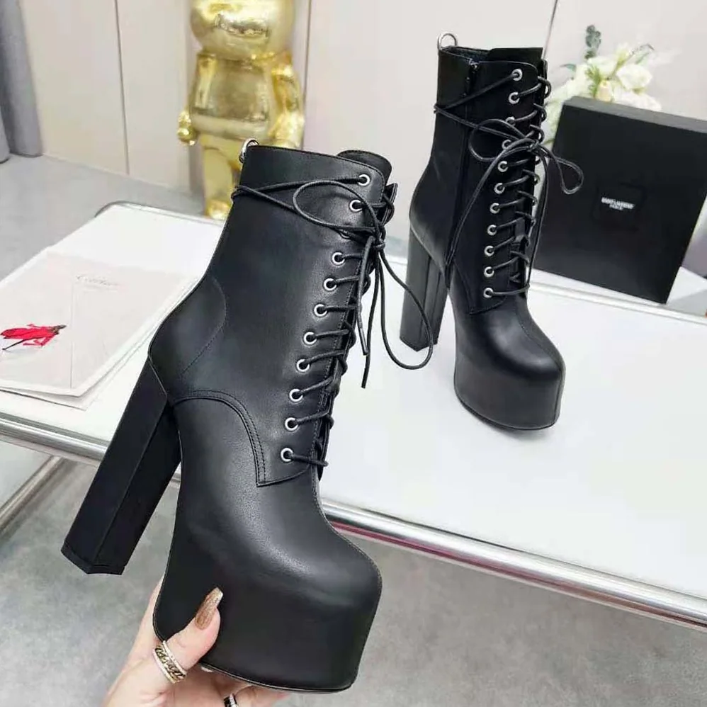 Saint Laurent YSL Cherry Lace-up Platform Booties in Smooth Leather for Women Saint Laurent YSL Cherry Lace-up Platform Booties in Smooth Leather for Women