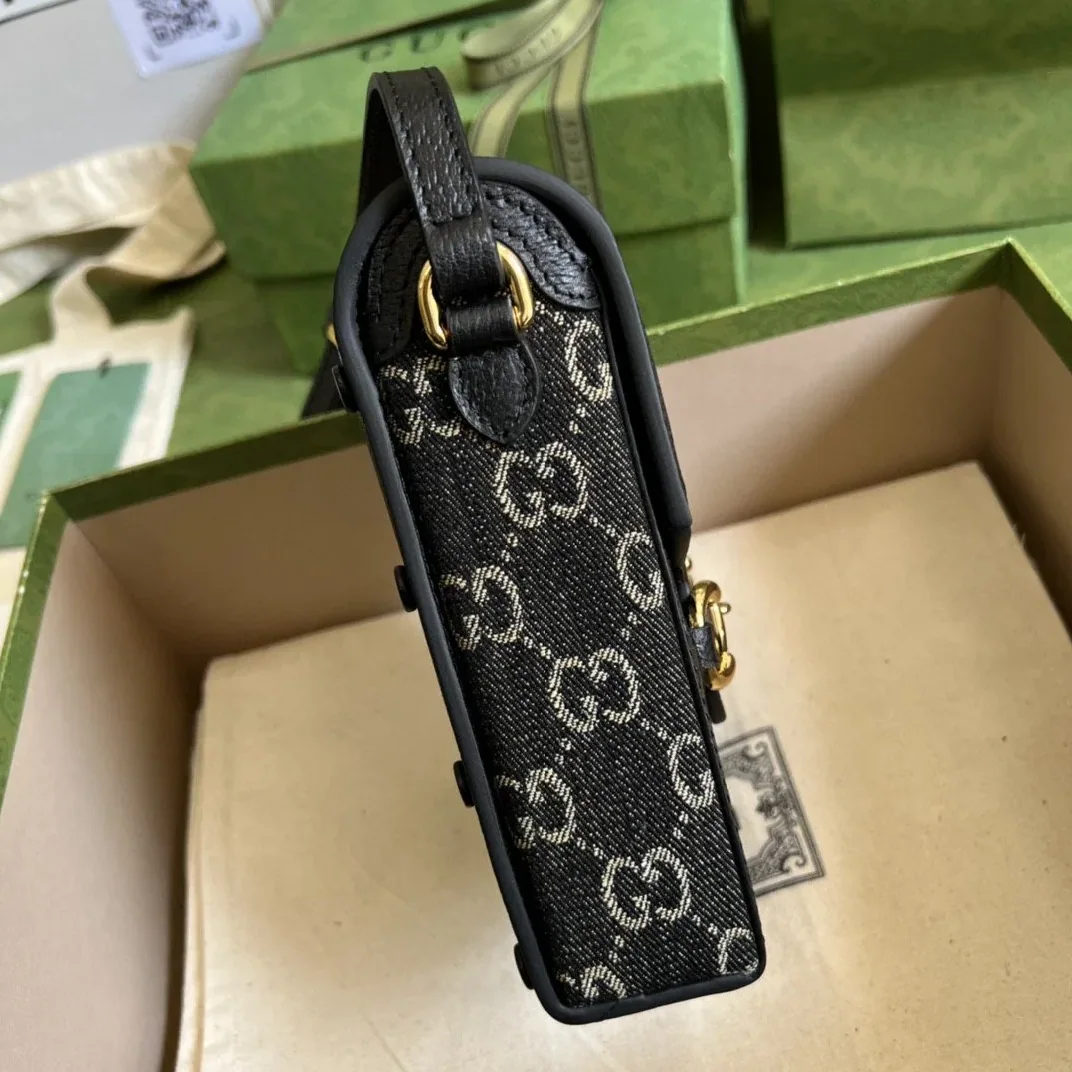 Gucci Horsebit 1955 Mini Bag Black And Ivory GG Denim Jacquard /
