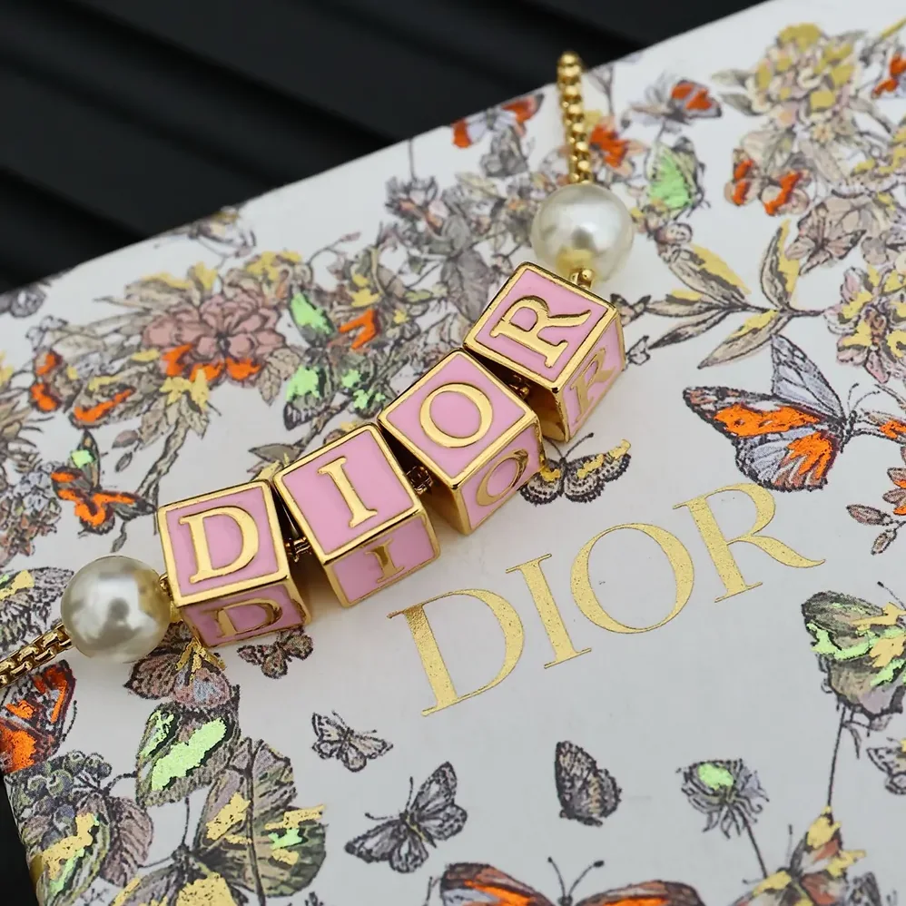 Dior D-Dice Necklace Gold-Finish Metal with Pale Pink Lacquer and White Resin Pearls for Women