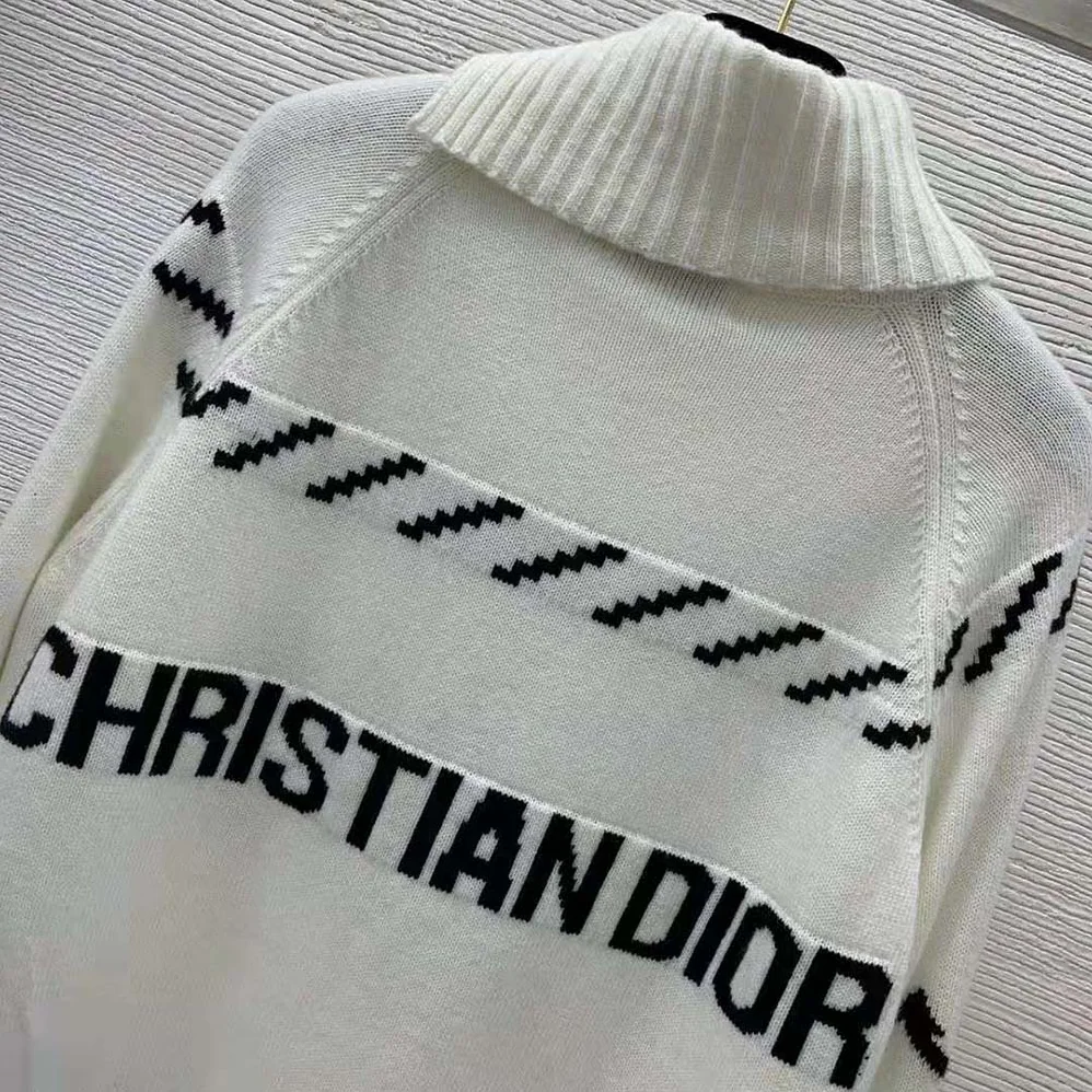 Dior Turtleneck Sweater Ecru and Navy Blue Wool and Cashmere Knit with Signature for Men