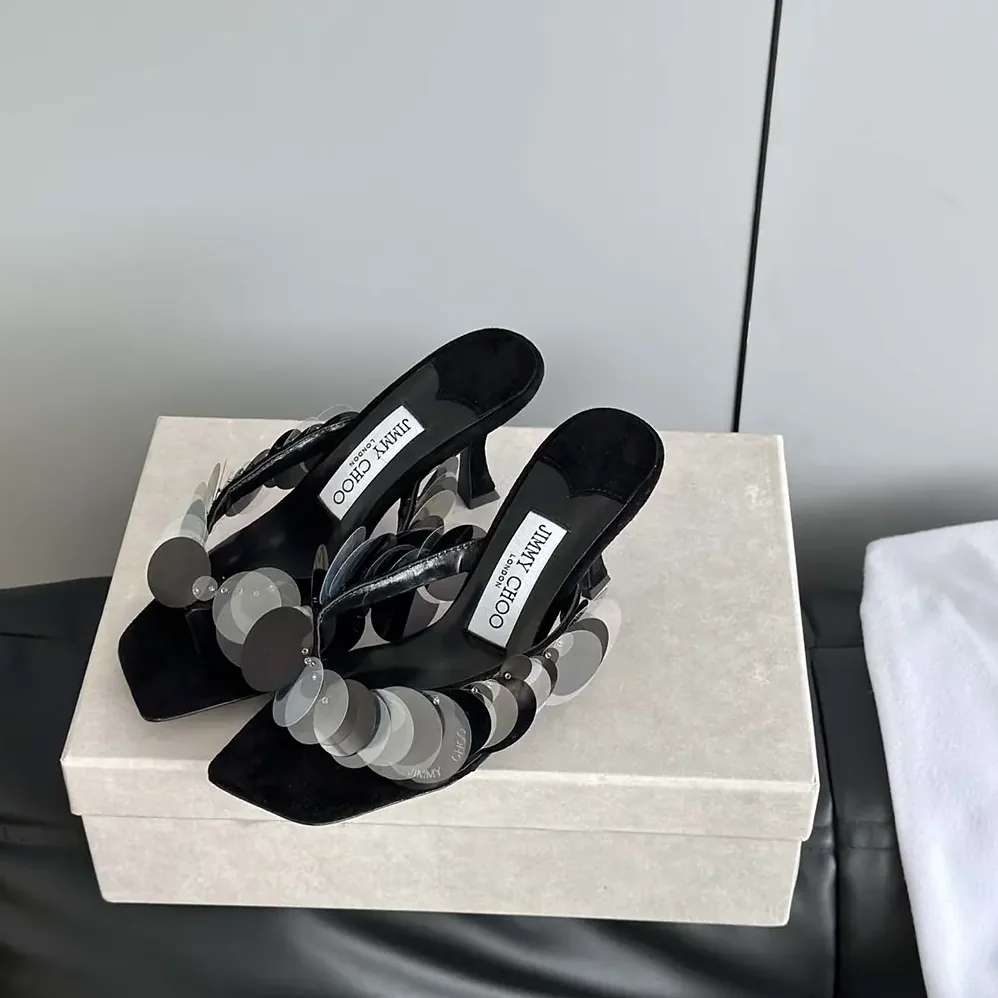 Jimmy Choo Freja 70 Black Suede Paillette Sandals for Women