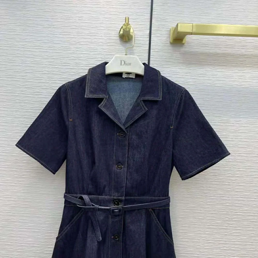 Dior Mid-Length Short-Sleeved Dress Deep Blue Cotton Denim for Women Dior Mid-Length Short-Sleeved Dress Deep Blue Cotton Denim for Women