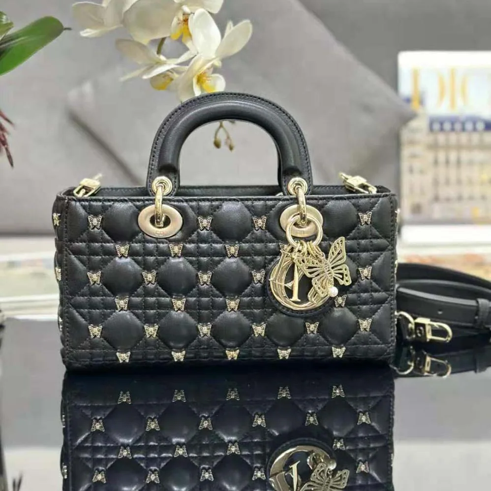 Dior Medium Lady D-joy Bag Black Cannage Lambskin with Gold for Women in Finish Butterfly Studs Dior Medium Lady D-joy Bag Black Cannage Lambskin with Gold for Women in Finish Butterfly Studs