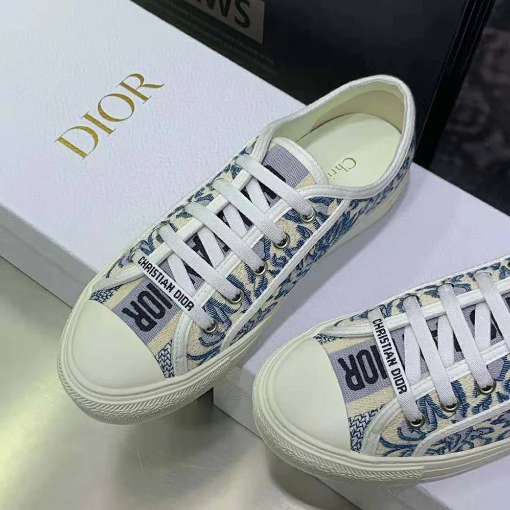 Dior Walk'N'Dior Sneaker Duck Blue Dior Brocart Embroidered Cotton with Gold for Women in Tone Metallic Thread